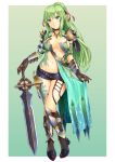  1girl armor breasts curtsey gauntlets greaves green_eyes green_hair hair_ribbon kusowarota long_hair looking_at_viewer navel original pointy_ears ponytail ribbon short_shorts shorts simple_background solo spaulders underboob weapon 