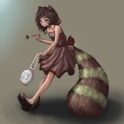  1girl adapted_costume animal_ears brown_dress brown_hair curly_hair dress futatsuiwa_mamizou glasses highres holding jug kiseru messy_hair nine_(rinno9) pince-nez pipe raccoon_ears raccoon_tail ribbon shoes simple_background solo strapless_dress tail tanuki touhou 