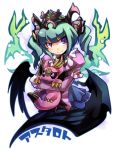  1girl aqua_eyes astaroth_(p&amp;d) bat_wings doll emon-yu headdress looking_at_viewer pentacle puzzle_&amp;_dragons smirk solo twintails violet_eyes wings 