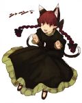  1girl animal_ears bow braid cat_ears cat_tail dress green_dress hair_bow hair_ornament juliet_sleeves kaenbyou_rin long_sleeves mary_janes multiple_tails open_mouth paw_pose pointy_ears puffy_sleeves red_eyes redhead shoes simple_background smile solo tail text touhou twin_braids urin white_background 