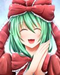  1girl ^_^ evandragon frills green_hair hair_ribbon kagiyama_hina open_mouth ribbon smile solo touhou 