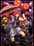  1girl belt boots drum drumsticks grin horikawa_raiko instrument jacket long_sleeves mitsudomoe_(shape) red_eyes redhead ryuuichi_(f_dragon) shirt short_hair skirt sleeveless smile solo tattoo thunder tomoe_(symbol) touhou umbrella 