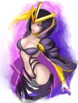  1girl bob_cut breasts center_opening choker cleavage cloak emilia_leblanc headdress high_collar highres kumiko kumiko_(aleron) league_of_legends lips navel purple_hair rough short_hair solo vambraces violet_eyes 