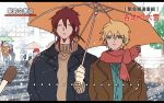  1girl :| aladdin_(magi) ali_baba_saluja blonde_hair earrings facial_hair interview jewelry magi_the_labyrinth_of_magic microphone moccorinco1023 morgiana parody redhead ren_kouen scarf short_hair snowing special_feeling_(meme) umbrella winter_clothes yellow_eyes 