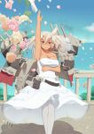  1girl alternate_costume arm_up bare_shoulders blonde_hair bouquet breasts dark_skin dress flower glasses highres jewelry kantai_collection large_breasts looking_at_viewer musashi_(kantai_collection) personification red_eyes ring sarashi smile solo tachimi_(basue) thigh-highs twintails wedding_band wedding_dress white_legwear 
