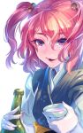  1girl alcohol bottle bowl hair_bobbles hair_ornament japanese_clothes lips long_sleeves looking_at_viewer onozuka_komachi open_mouth puffy_sleeves red_eyes redhead sake simple_background smile solo touhou twintails white_background zounose 