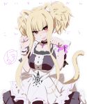  1girl akata_itsuki animal_ears aoki_hagane_no_arpeggio apron arm_garter blonde_hair blush cat_ears cat_tail choker dress fang female kemonomimi_mode kongou_(aoki_hagane_no_arpeggio) long_hair looking_at_viewer maid maid_apron nose_blush open_mouth out_of_character paw_pose personification red_eyes rough solo sweat sweatdrop tail translation_request twintails very_long_hair white_background wrist_ribbon 