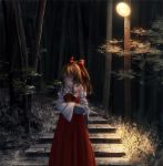  1girl ascot bow brown_eyes brown_hair darkness dress forest hair_bow hakurei_reimu kinoto_(ruindivinity) lamp nature night red_dress scarf scarf_over_mouth solo stairs touhou wide_sleeves 