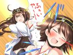  bare_shoulders blood breast_slap brown_hair closed_eyes deego_(omochi_bazooka) detached_sleeves hairband headgear hiei_(kantai_collection) japanese_clothes kantai_collection kongou_(kantai_collection) long_hair multiple_girls nontraditional_miko nosebleed open_mouth personification short_hair skirt smile thighhighs translation_request 