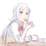  1girl aila_jyrkiainen alternate_costume blush bow chopsticks eating food gundam gundam_build_fighters hair_ornament long_hair obentou school_uniform silver_hair solo sweater_vest ueyama_michirou 