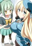  2girls absurdres atago_(kantai_collection) beret blonde_hair breast_envy breasts green_eyes green_hair hat highres kantai_collection long_hair midriff military military_uniform multiple_girls open_mouth pantyhose ponytail ryukz school_uniform serafuku smile uniform yuubari_(kantai_collection) 