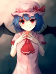  1girl ascot bat_wings blue_hair dress fang hands_on_own_chest hat hat_ribbon highres looking_at_viewer mob_cap pink_dress puffy_sleeves red_eyes remilia_scarlet ribbon shone short_sleeves smile solo touhou wings 