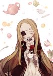  1girl berry blonde_hair choker closed_eyes cup dress eyepatch flower gwayo long_hair macaron rose saucer solo spoon spoon_in_mouth sugar_cube tea_kettle teacup unlight 