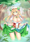  1girl blonde_hair breasts cleavage curtsey dress dress_lift freyja_(p&amp;d) green_eyes hat jewelry kaki_s large_breasts long_hair necklace puzzle_&amp;_dragons smile solo tree water 