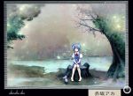  1girl absurdres akasaka_aka animal artist_name barefoot blue_dress blue_eyes blue_hair bow cirno dress fairy forest hair_ribbon highres huge_filesize ice ice_wings lake landscape looking_at_viewer mouse nature puffy_sleeves ribbon scan shirt short_hair short_sleeves sitting smile solo text touhou tree water white_shirt wings 