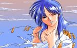  artist_request blue_eyes blue_hair breaking clothes clouds cloudy_sky hercequary jewelry necklace pain pc98 reika reika_(hercequary) sky sweater tearing_clothes torn_clothes 