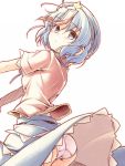  1girl ass blue_eyes blue_hair blush hat jiangshi kibushi miyako_yoshika ofuda outstretched_arms panties pantyshot short_hair simple_background skirt solo star touhou underwear white_background zombie_pose 