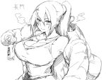  1girl angelo_(gomahangetsu) bottle breasts character_request cleavage clothes_hanger jacket jewelry large_breasts long_hair milk_bottle monochrome necklace ponytail sketch smile strap_gap translation_request 