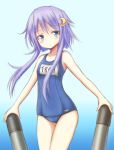  1girl banitei blue_eyes cosplay crescent_hair_ornament hair_ornament i-19_(kantai_collection) i-19_(kantai_collection)_(cosplay) kantai_collection long_hair payot personification purple_hair school_swimsuit short_hair_with_long_locks solo swimsuit torpedo yayoi_(kantai_collection) 