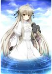  1girl antenna_hair blush brown_eyes cellphone dress hair_ribbon jam_(jam0601) kasugano_sora long_hair looking_at_viewer partially_submerged phone ribbon silver_hair solo stuffed_animal stuffed_bunny stuffed_toy water white_dress yosuga_no_sora 