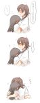  2girls 3koma akagi_(kantai_collection) blush breasts brown_eyes brown_hair comic embarrassed highres hug japanese_clothes kaga_(kantai_collection) kantai_collection long_hair multiple_girls muneate open_mouth personification rebecca_(keinelove) short_hair side_ponytail translation_request 