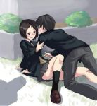  1boy 1girl amagami assertive black_hair black_legwear blazer blood blush brown_eyes brown_hair building bush grass kurosawa_noriko nosebleed open_mouth panties pleated_skirt school_uniform shadow shoes short_hair sitting skirt socks tachibana_jun&#039;ichi underwear white_panties wiori_(mashiro_miracle) 