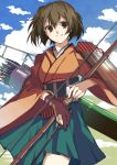  1girl archery arrow blue_sky blush bow_(weapon) breasts brown_eyes brown_hair clouds flight_deck highres hiryuu_(kantai_collection) japanese_clothes kantai_collection katayama_kei kyuudou personification quiver ribbon short_hair side_ponytail single_glove skirt sky smile solo weapon yugake 