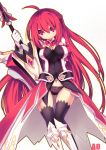  1girl ahoge armor armored_dress black_legwear black_panties boots breasts elesis elsword gloves half_updo knee_boots large_breasts long_hair no_nose panties red_eyes redhead smile solo sword thigh_gap thighhighs underwear utm weapon white_background 