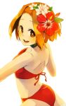  1girl blush brown_eyes brown_hair flower hair_flower hair_ornament k-on! looking_back maguro_(ma-glo) open_mouth smile solo swimsuit tainaka_ritsu white_background 