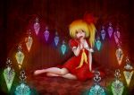  1girl arm_support ascot barefoot blonde_hair blood blood_on_face bloody_hands checkered checkered_floor dress fangs flandre_scarlet hair_ribbon highres licking p2ichigo red_dress red_eyes red_ribbon ribbon sitting solo tongue touhou wings 