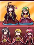  &gt;_&lt; 5girls :d ^_^ ahoge black_border blush brown_eyes brown_hair closed_eyes crescent_hair_ornament embarrassed fan fang folding_fan green_hair hair_ornament hairband heart ichimi kantai_collection kongou_(kantai_collection) letterboxed multiple_girls nagatsuki_(kantai_collection) open_mouth payot personification pink_hair ponytail satsuki_(kantai_collection) smile twintails uzuki_(kantai_collection) xd yahagi_(kantai_collection) yellow_eyes 