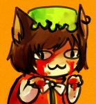  &lt;o&gt;_&lt;o&gt; 1girl :3 animal_ears black_eyes blood blood_on_face blood_on_fingers brown_hair cat_ears chen earrings hibrid56 jewelry lowres mob_cap neck_ribbon orange_background ribbon solo touhou 