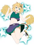  1girl akatsuki_kirika animal_ears blonde_hair cheerleader green_eyes hiiragi_natsume jumping open_mouth senki_zesshou_symphogear short_hair smile solo tail 