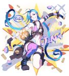  1girl airplane asymmetrical_clothes bandage_over_one_eye blue_hair braid explosive grenade gun jinx_(league_of_legends) league_of_legends meer_rowe midriff missile navel single_stocking smile stuffed_animal stuffed_toy tattoo teddy_bear twin_braids violet_eyes weapon 