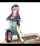  1girl barefoot goggles_on_hat helmet jacket letterboxed long_hair long_sleeves looking_at_viewer motor_vehicle necktie oukatihiro purple_hair red_eyes reisen_udongein_inaba scooter shirt skirt solo touhou vehicle very_long_hair vespa 