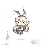  1girl :3 anchor arms_up blonde_hair chibi elbow_gloves flying_sweatdrops gloves hair_ornament highres kantai_collection legs_up long_hair shadow shimakaze_(kantai_collection) simple_background solo striped striped_legwear thighhighs white_background yuasan 