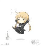  1girl :3 ahoge arms_up black_legwear blonde_hair chibi crescent flying_sweatdrops highres kantai_collection legs_up payot pleated_skirt satsuki_(kantai_collection) shadow simple_background skirt solo thighhighs twintails white_background yuasan 