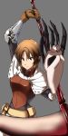  1girl armor brown_hair claws grey_background highres hiro_(spectral_force) maabou pointy_ears red_eyes scythe serious short_hair single_glove solo spectral_(series) spectral_force 