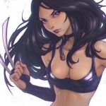  1girl bare_shoulders bikini_top black_hair breasts choker claw_(weapon) cleavage elbow_gloves eyelashes fingerless_gloves gloves green_eyes ilya_kuvshinov jewelry long_hair marvel skin_tight sleeveless weapon white_background x-23 x-men 