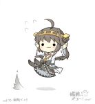  1girl :3 ahoge arms_up boots bow brown_hair chibi flying_sweatdrops hair_bun hairband headgear highres japanese_clothes kantai_collection kongou_(kantai_collection) legs_up long_hair nontraditional_miko ribbon-trimmed_sleeves ribbon_trim shadow simple_background skirt solo thigh_boots thighhighs white_background yuasan 