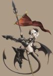  1girl bangs banner black_panties boots breasts brown_eyes chovie demon_girl demon_horns demon_tail demon_wings greaves highres horns low_wings original pale_skin panties pointy_ears pole_dancing polearm short_hair simple_background solo spear succubus tail thigh_boots thighhighs underwear vambraces weapon white_hair wings 