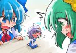  /\/\/\ 3girls apron blue_dress blue_eyes blush bow cirno closed_eyes daiyousei dress flying_sweatdrops green_eyes green_hair hair_bow hat juliet_sleeves letty_whiterock long_sleeves minigirl multiple_girls open_mouth puffy_sleeves purple_hair seiza shinapuu shirt sitting surprised touhou waist_apron 