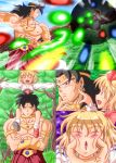  1boy 1girl :d ^_^ ^o^ battle black_hair blonde_hair blouse bracelet broly carrying cheek_squash closed_eyes danmaku darkness dragon_ball dragon_ball_z fang flying forest glowing glowing_eyes hair_ribbon happy highres jewelry muscle nature open_mouth outstretched_arms poking ribbon rumia shoulder_carry smile spread_arms touhou tree vest 