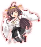  1girl ;d ahoge black_eyes boots brown_hair detached_sleeves double_bun highres japanese_clothes jumping kantai_collection kongou_(kantai_collection) long_hair looking_at_viewer nontraditional_miko open_mouth payot pleated_skirt ribbon-trimmed_sleeves ribbon_trim skirt smile solo thigh_boots thighhighs v very_long_hair wink yukari_yukke 