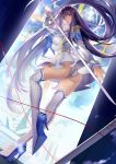  1girl ass dutch_angle junketsu kill_la_kill kiryuuin_satsuki long_hair miyazaki_byou panties pantyshot purple_hair skirt solo standing_on_one_leg sword thighhighs underwear uniform violet_eyes weapon white_legwear white_panties white_skirt 