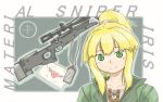  blush character_name dog_tags green_eyes gun highres iris_(material_sniper) letter love_letter material_sniper ponytail raju rifle scrunchie smile sniper_rifle weapon 