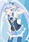  1girl armpits blue_background blue_eyes blue_hair blue_legwear crown cure_princess happinesscharge_precure! long_hair magical_girl nmaoh open_mouth precure salute shirayuki_hime skirt solo thighhighs twintails wink 