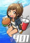  1girl blush brown_eyes brown_hair cup emu_(toran) food hamburger highres i-401_(kantai_collection) jacket kantai_collection looking_at_viewer one-piece_swimsuit open_mouth partially_submerged personification ponytail sailor_collar school_swimsuit school_uniform short_hair short_ponytail sitting smile solo straw swimsuit tan 
