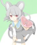  1girl animal_ears dress ellipsis_(mitei) fingernails food fork giving grey_hair hand_on_own_thigh highres jewelry leaning_forward looking_at_viewer meat mouse_ears mouse_tail nazrin pendant red_eyes short_hair smile solo tail touhou two-tone_background wind 