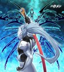  blazblue blazblue_phase_0 blue_hair crest hakumen highres huge_weapon mask over_shoulder ponytail scabbard sheath solo sword sword_over_shoulder tsukikanade unsheathing weapon weapon_over_shoulder 